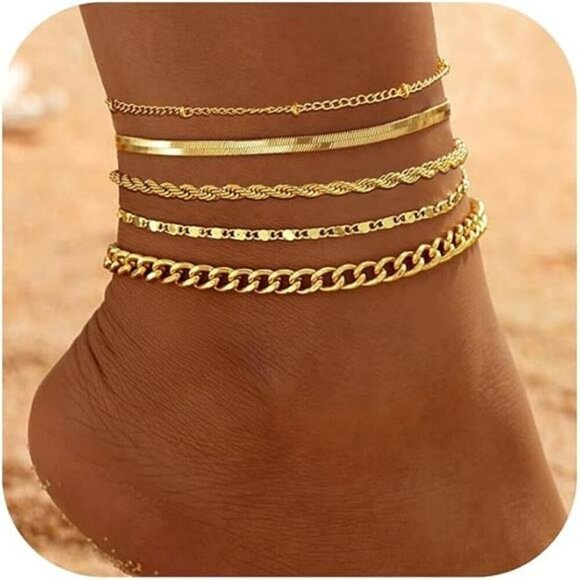 Gold Anklet Set for Women 14K Plated Waterproof Layered Cuban Chain Bracelets - Picture 6 of 6